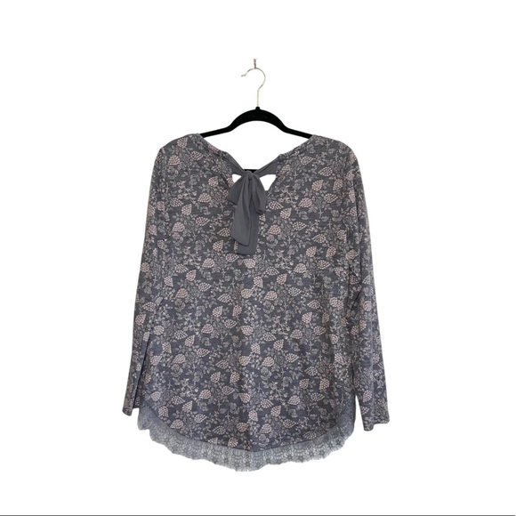 LC Lauren Conrad Gray & Pink Floral Print Lace Trim Tie Back Top Medium Women’s - Picture 6 of 13